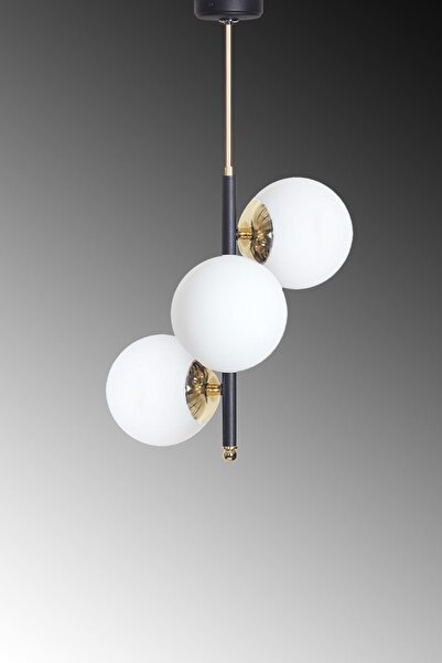 Luzarana Perla 3 Lü Siyah-Gold Metal Gövde Beyaz Camlı Tasarım Lüx Avize