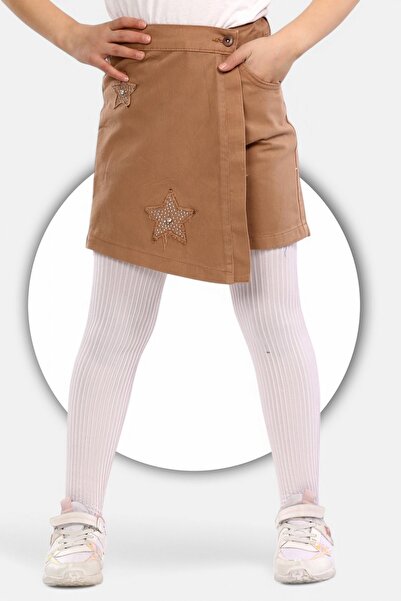 ModiClas % 100 Pamuk-Yıldız Nakışlı-Taş Süslemeli-Yarım Lastikli-Kız Çocuğu-Etekli Şort