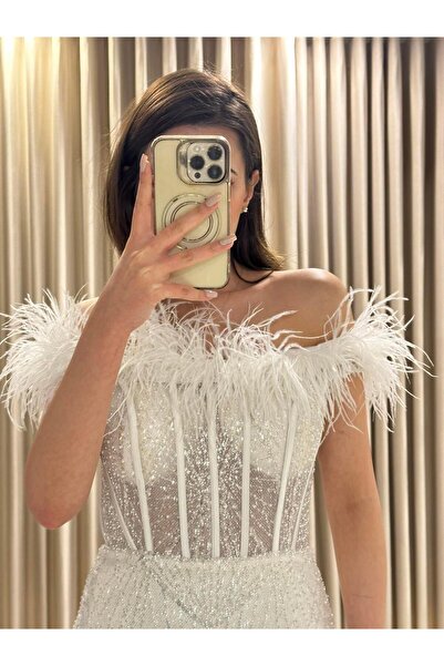 Kaleiçi Yıldızlar Beyaz Kayık Yaka Transparan Abiye