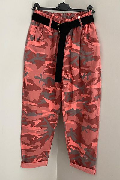 AYASOFYA OTANTIK Women's Italian Coral Waist Elastic Belted Camouflage Patterned Lycra Loose Carrot Baggy Trousers