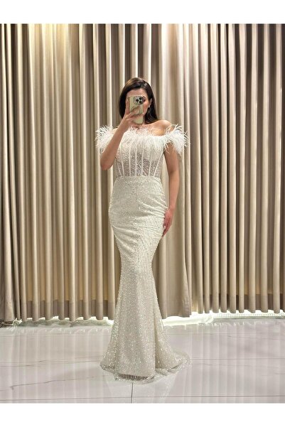 Kaleiçi Yıldızlar Beyaz Kayık Yaka Transparan Abiye