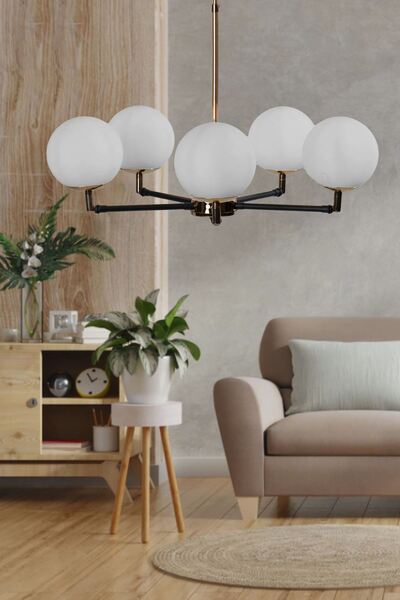 Luzarana Leo 5 Li Siyah-Gold Metal Gövde Beyaz Camlı Mafsallı Tasarım Lüx Avize