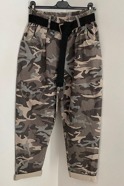 AYASOFYA OTANTIK Women's Italian Mink Elastic Waist Belted Camouflage Patterned Lycra Loose Carrot Baggy Trousers