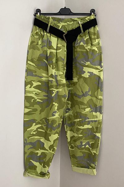 AYASOFYA OTANTIK Italian Pistachio Green Waist, Belted Camouflage Patterned Women's Pants