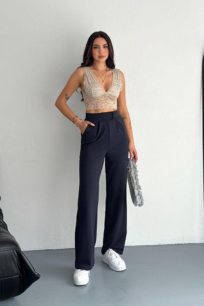 Polo State Women's Navy Blue High Waist Pleated Fabric Trousers