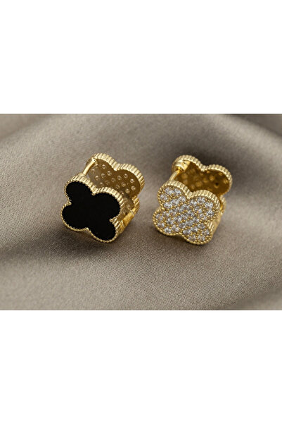 trioco Double Sided Zircon Stone Black Clover Earrings