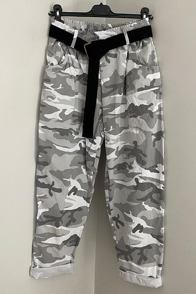 AYASOFYA OTANTIK Women's White Waist Belted Camouflage Patterned Baggy Trousers Against Italian