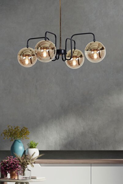 Luzarana Siesta 4 Lü Gold-Siyah Metal Gövde Bal Rengi Camlı Tasarım Lüx Avize