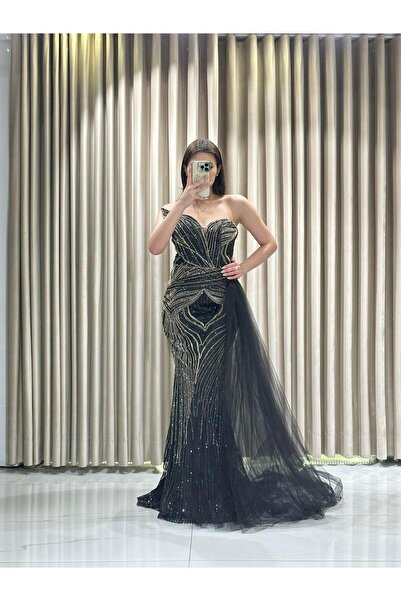 Kaleiçi Yıldızlar Siyah Straplez Pul Payet İşlemeli Abiye 933