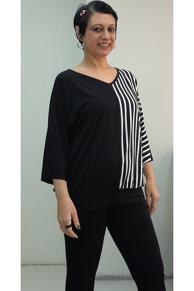 Mertcan Butik Black Bat Three Quarter Sleeve Black and White Color Block Skirt Manset Combed Viscose T-Shirt