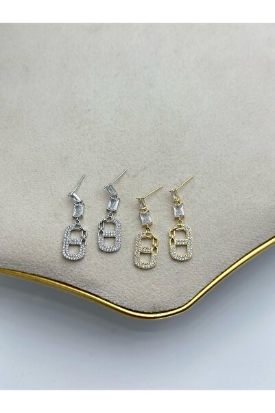 MyladyAccessoriess Zirkon Taş Ve Zincir Detaylı Minimal Çelik Küpe Gümüş