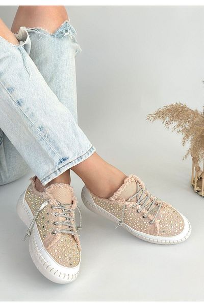 BESKAR Pantofi sport cu șireturi din denim bej Guja