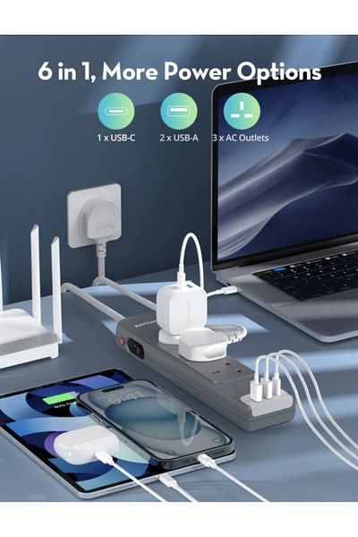 RavPower RAVPower 3-Port Power Strip with 2 USB Ports and 1 USB-C Port, 3 Meters, Grey