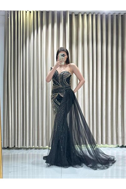 Kaleiçi Yıldızlar Siyah Straplez Pul Payet İşlemeli Abiye 933