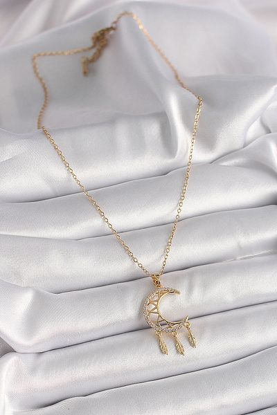 Store 316l الصلب سلسلة ذهبية اللون الزركون حجر الهلال نموذج استرخى ورقة التفاصيل قلادة المرأة - Tj-bko9650