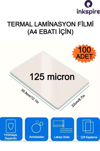 inkspire Termal Laminasyon Filmi A4 100 Adet 125 Micron Parlak Laminasyon 1 P...