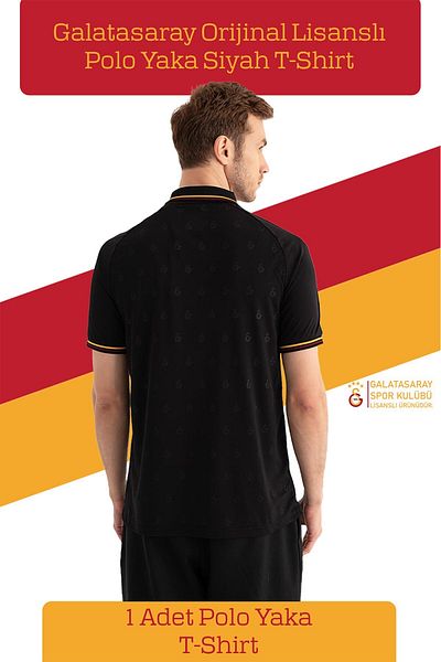 Galatasaray Γνήσιο μαύρο μπλουζάκι με γιακά πόλο με άδεια χρήσης