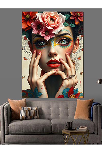 ekart Çiçekli Kadın Portresi Dekoratif Kanvas - Mdf Ahşap Tablo