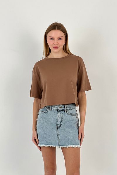 Miss Poem Women's Oversize Summer Short Loose Brown Crop T-Shirt