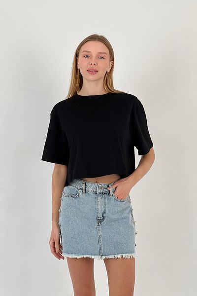 Miss Poem Women's Oversize Summer Short Loose Black Crop T-Shirt