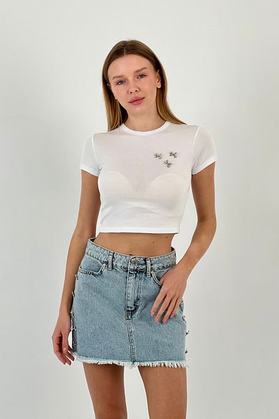Miss Poem Women's Ribbon Summer Tight Short White Crop T-Shirt