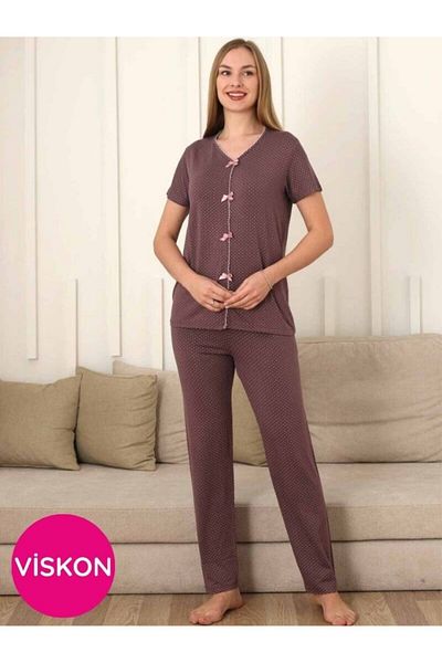 bie's Women's Dusty Rose Ornamental Buttoned Bow V-Neck Polka Dot Lycra Viscose Short Sleeve Pajama Set