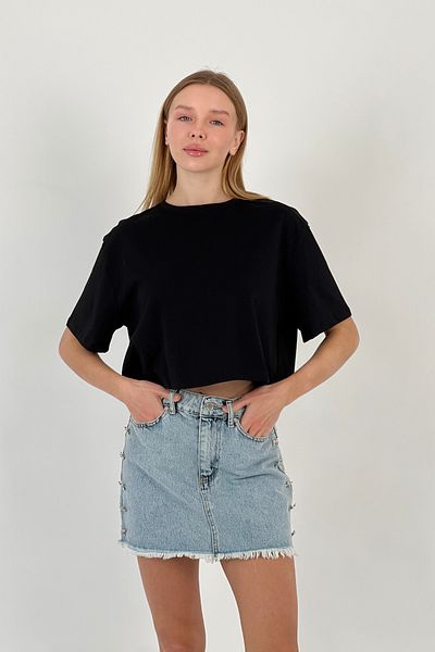 Miss Poem Women's Oversize Summer Short Loose Black Crop T-Shirt
