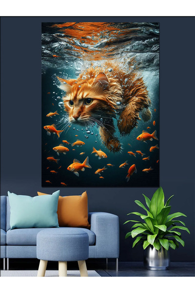 ekart Akvaryumdaki Kedi Dekoratif Kanvas - Mdf Ahşap Tablo