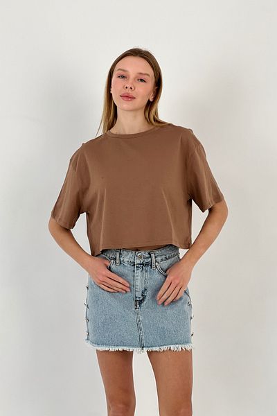 Miss Poem Women's Oversize Summer Short Loose Brown Crop T-Shirt