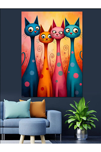 ekart Renkli Kedi Ailesi Dekoratif Kanvas - Mdf Ahşap Tablo