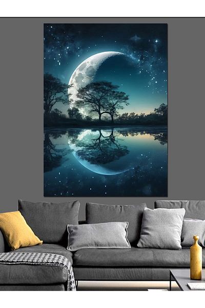 Tablomega Moon and Tree Landscape Decorative Canvas - Mdf Wooden Painting