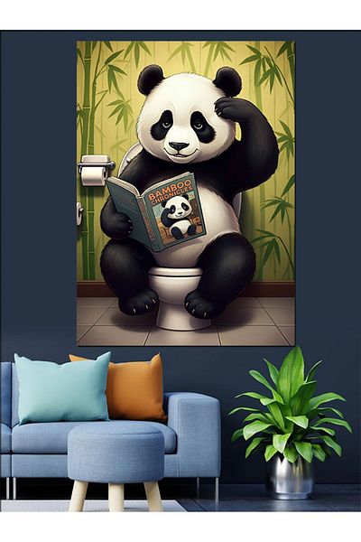 Tablomega Panda gânditoare șezând pe toaletă Pânză decorativă - MDF Lemn