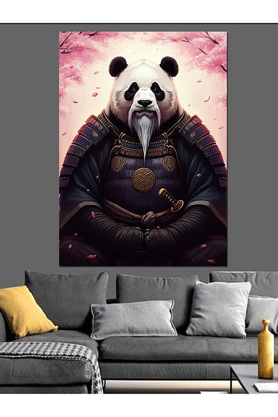 Tablomega Panda Decorative Canvas with Samurai Armor - Mdf Wooden Painting