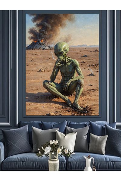 Tablomega Alien Smoking in the Desert Decorative Canvas - Mdf Wooden Painting