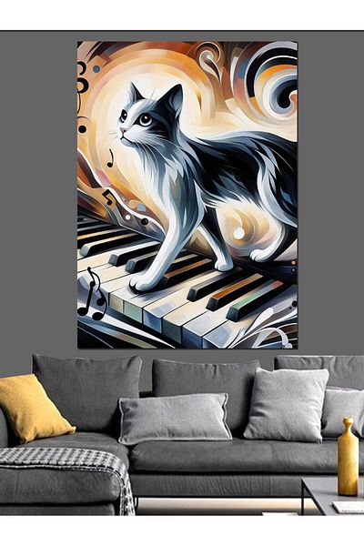 Tablomega Cat on the Piano Decorative Canvas - Mdf Wooden Painting