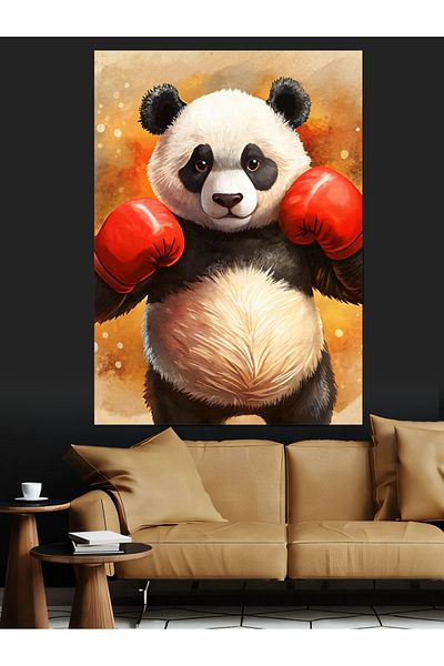 Tablomega Panda Decorative Canvas with Boxing Gloves - Mdf Wood Painting
