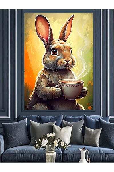 Tablomega Rabbit Drinking Tea Decorative Canvas - Mdf Wooden Painting