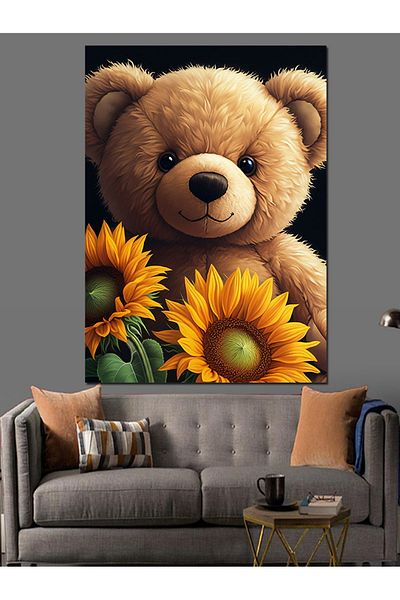 Tablomega Teddy Bear with Sunflower Decorative Canvas - Mdf Wooden Painting