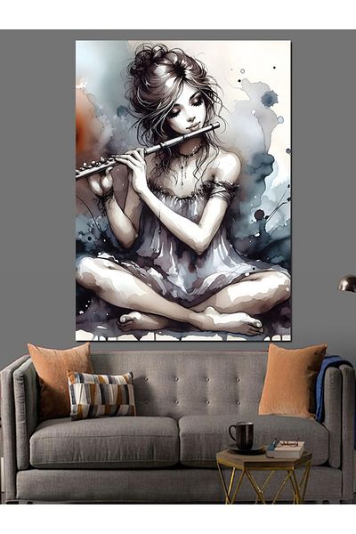 Tablomega Girl Playing the Flute Decorative Canvas - Mdf Wooden Painting