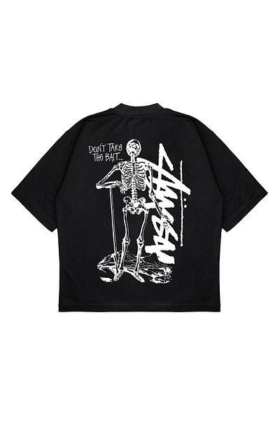 TRAGEDY Unisex Oversize Stussy Skeleton με στάμπα στην πλάτη Boxy Fit Μπλουζάκι από χοντρό ύφασμα