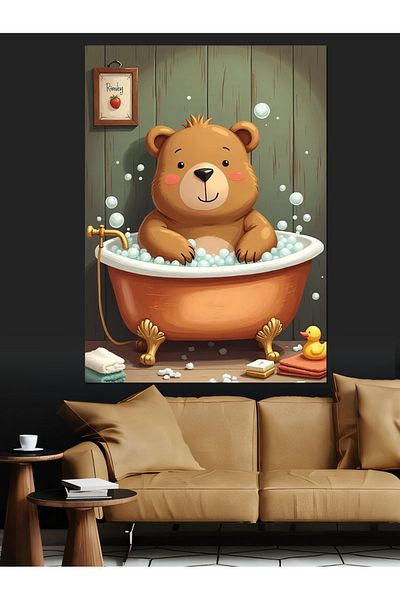 Tablomega Happy Teddy Bear in the Bathtub Decorative Canvas - Mdf Wooden Painting