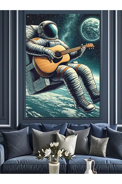 Tablomega Astronaut Playing Guitar on the Moon Decorative Canvas - Mdf Wooden Painting