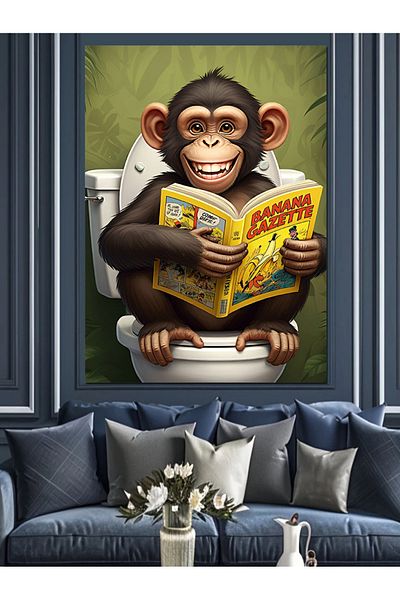 Tablomega Monkey on the Toilet Decorative Canvas - Mdf Wooden Painting