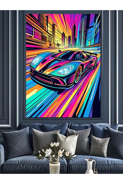 Tablomega Neon Colored Race Car Decorative Canvas - Mdf Wooden Table