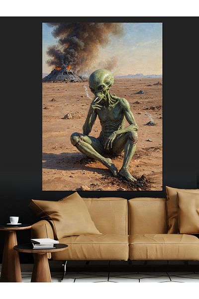Tablomega Alien Smoking in the Desert Decorative Canvas - Mdf Wooden Painting