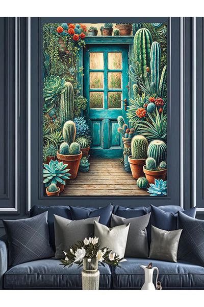 Tablomega Blue Door Decorative Canvas with Cactus - Mdf Wooden Painting