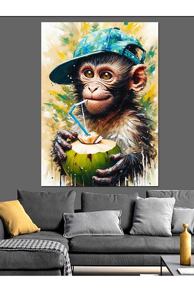 Tablomega Pânză decorativă Maimuță care ține nucă de cocos - Lemn MDF