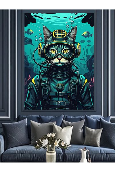 Tablomega Diver Cat Decorative Canvas - Mdf Wooden Painting