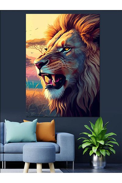 Tablomega Lion Roaring și Pictură Decorativă Canvas - Lemn MDF