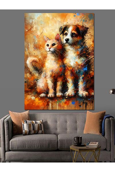 Tablomega Side by Side Cute Dog and Cat Decorative Canvas - Mdf Wooden Painting